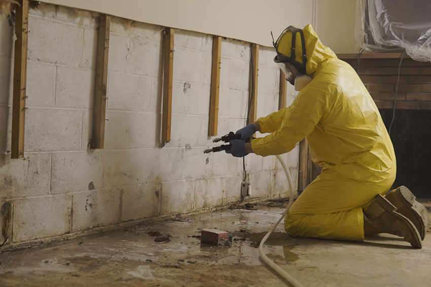 A man wearing yellow safety gear works on a wall, providing mold removal services in a Sacramento basement.