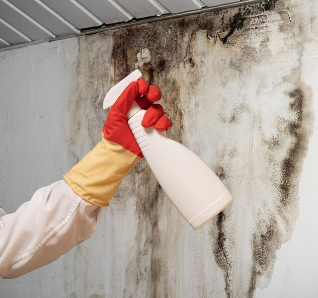 A person wearing a white coat and red gloves sprays a wall to remove mold, part of a service in Sacramento, CA.