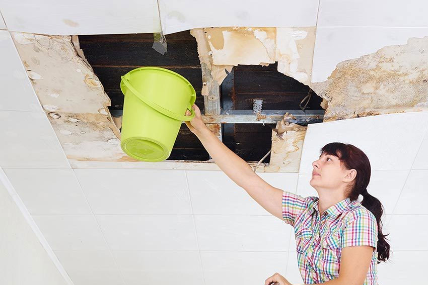 A woman cleans a ceiling with a bucket, representing a water damage restoration service in Sacramento, CA.