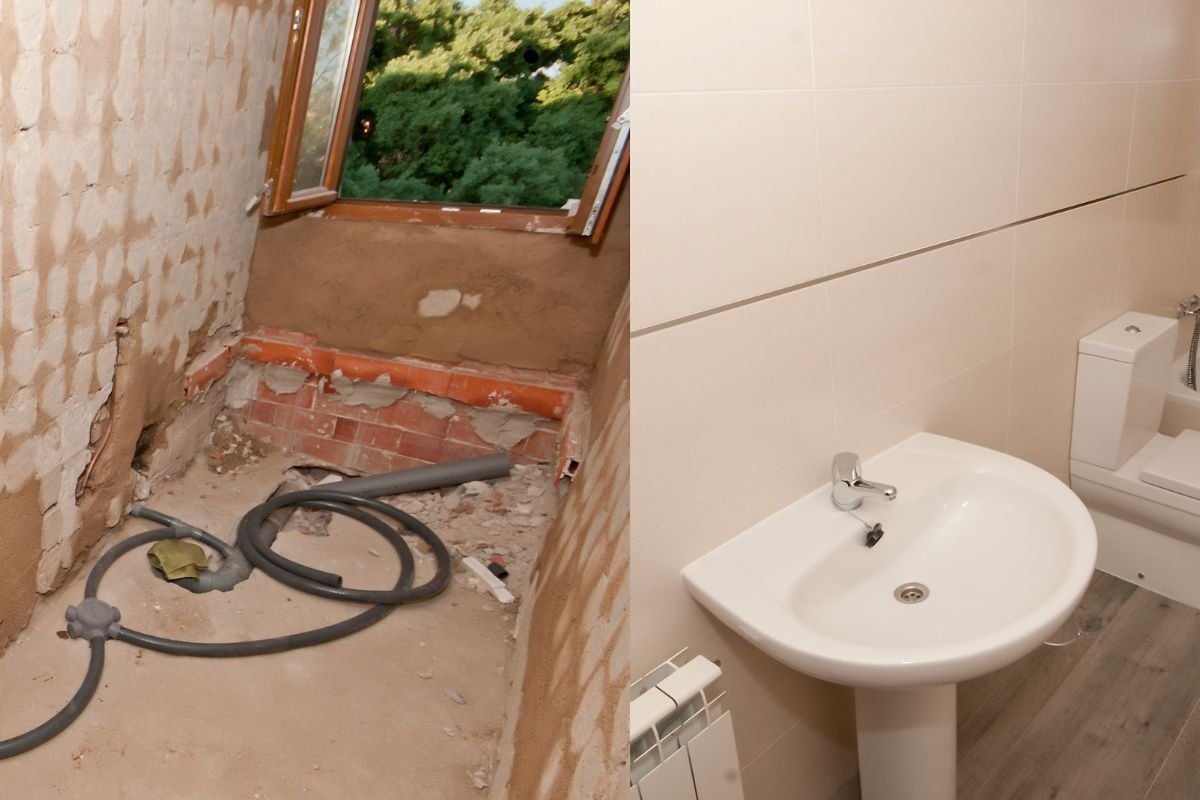 Before-and-after bathroom renovation: moldy wall transformed into a clean, mold-free surface, showcasing significant improvement. 